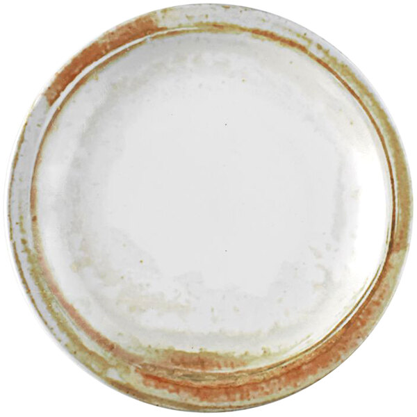 A white plate with a brown rim and black speckles.