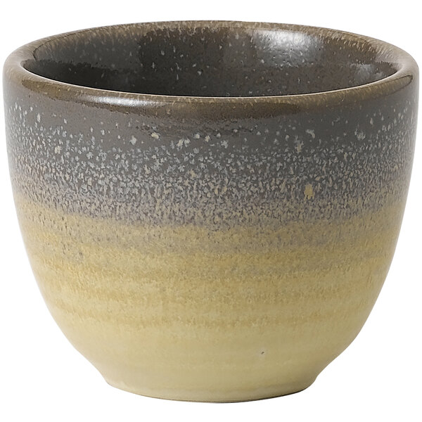 A Dudson Evo stoneware taster cup with brown and yellow speckles.