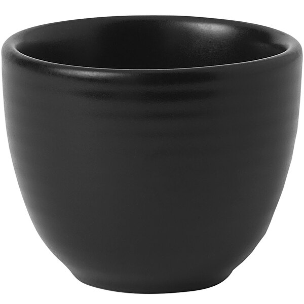 A black Dudson Evo stoneware taster cup with a handle on a white background.