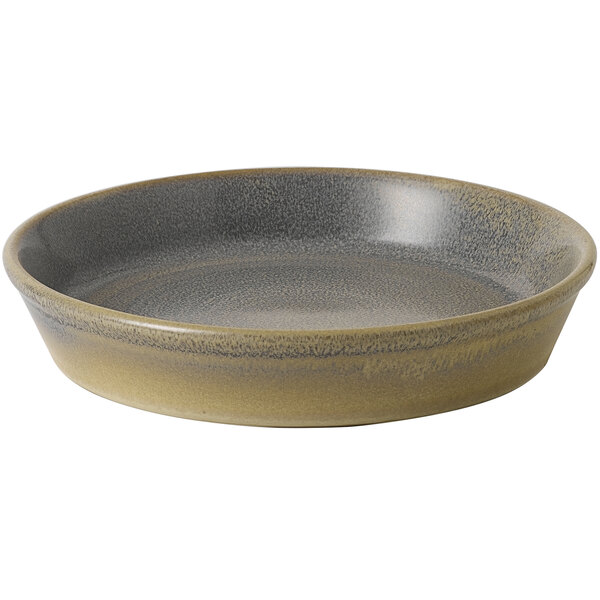 A Dudson Evo stoneware olive dish with a brown rim and gray base.