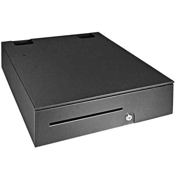 A black rectangular APG Series 100 cash drawer with a keyhole.