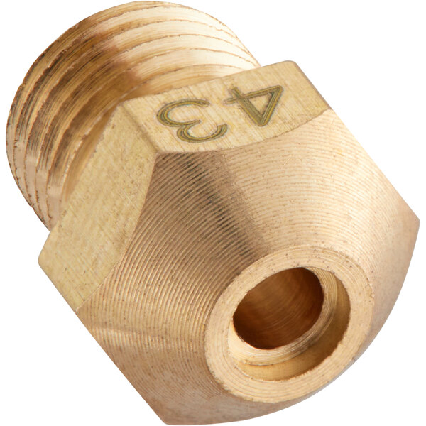 A brass threaded nut with the number 43 on it.