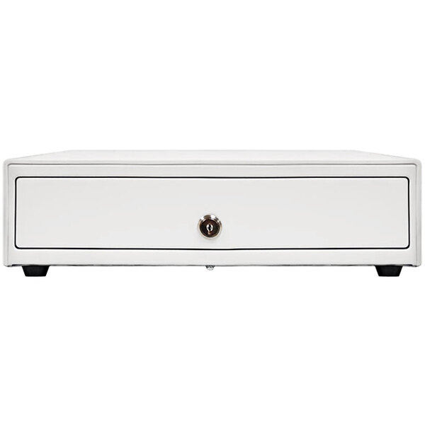 A Star CD4 white printer driven cash drawer with a metal lock.
