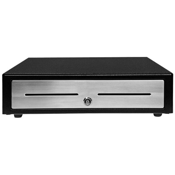 A Star black and stainless steel cash drawer with a key.