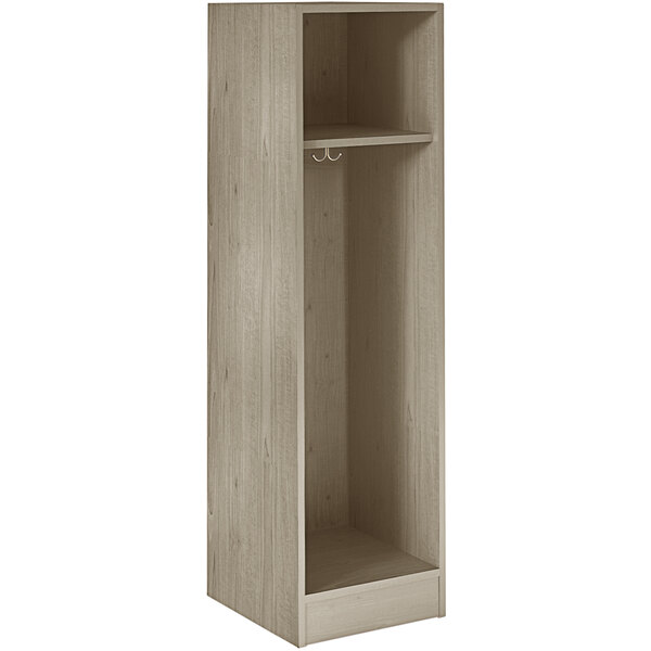 A natural elm I.D. Systems single storage locker with a shelf inside.