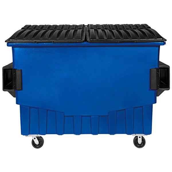 A blue Toter front end loading trash container on wheels.