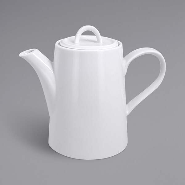 A white RAK Porcelain coffee pot with a lid.