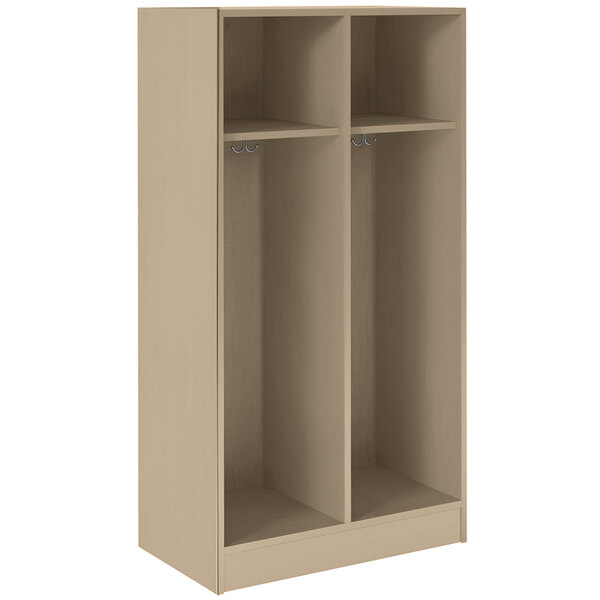 A beige I.D. Systems double storage locker with two shelves inside.