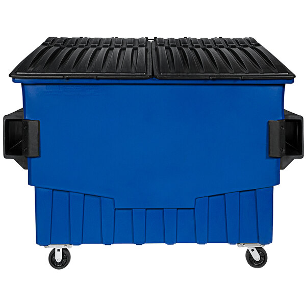 A blue Toter dumpster with wheels.