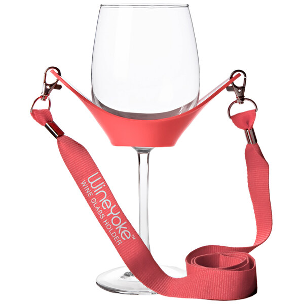 A Franmara coral rubber wine glass holder with a lanyard strap attached.