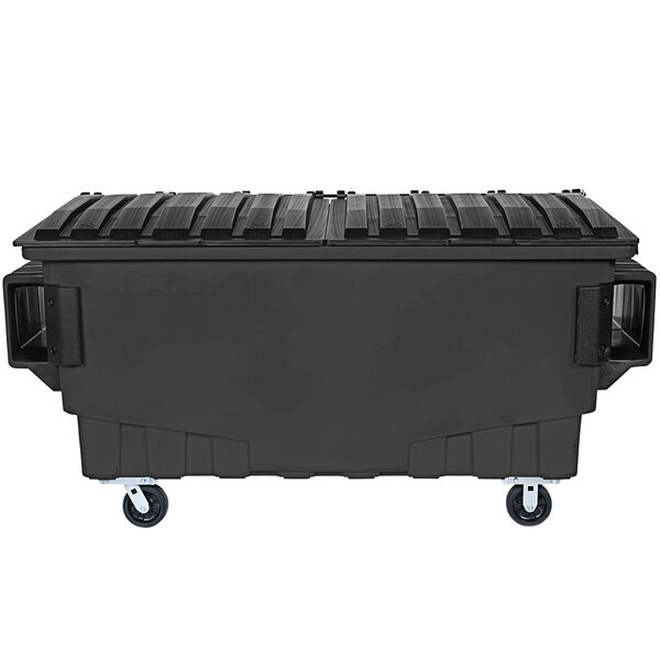 A black plastic dumpster with wheels.