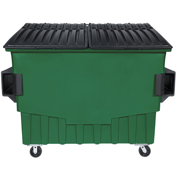 A green Toter industrial trash container with wheels.