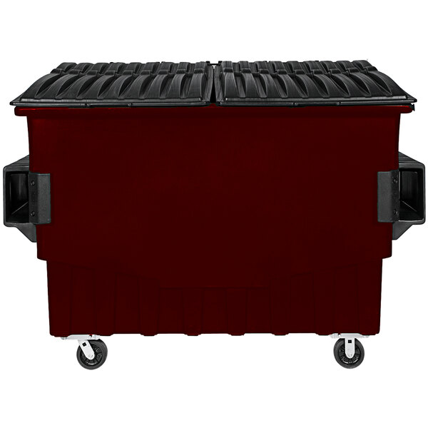 A brown Toter dumpster with black lids on white background.