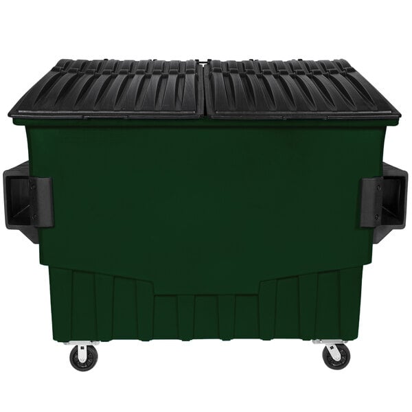 A green Toter front end loading dumpster with black lids and wheels.