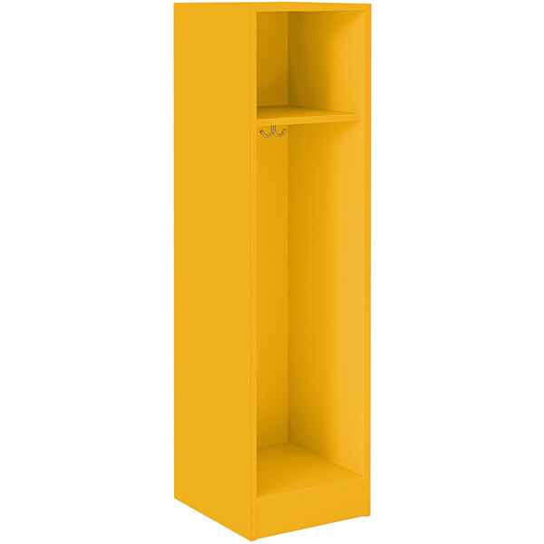 A sun yellow I.D. Systems storage locker with shelves on top.