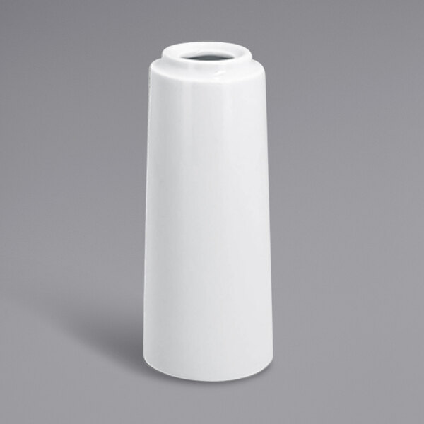 A white cylindrical RAK Porcelain flower vase with a hole in the middle.
