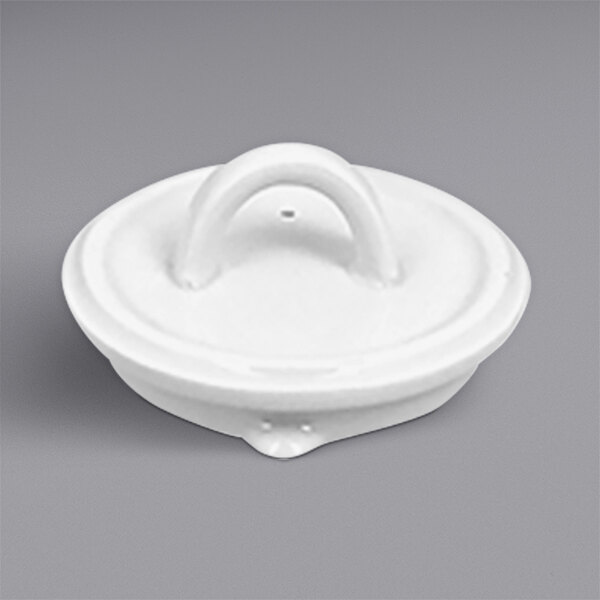 A white ceramic lid with a handle for a RAK Porcelain Polaris coffee pot.