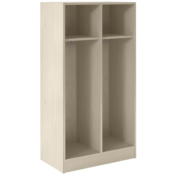 A white wooden locker with two shelves.