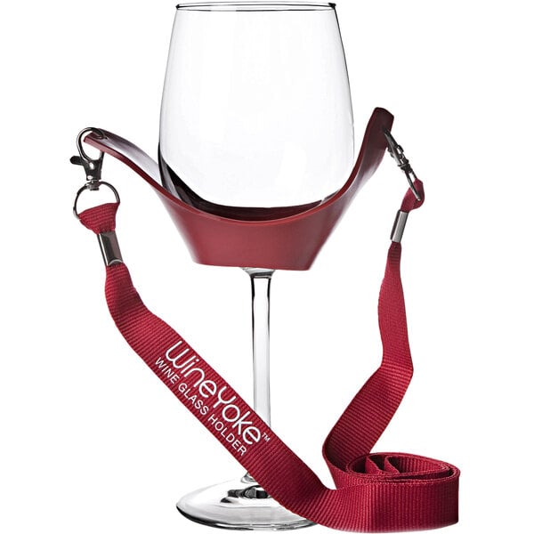 A Franmara red rubber wine glass holder with a lanyard.