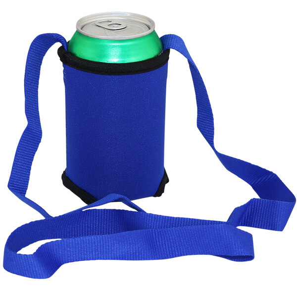 A Franmara blue neoprene can holder with a strap.
