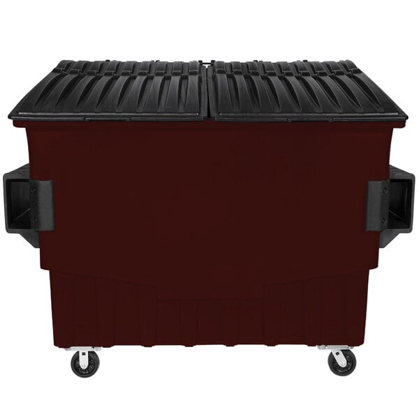 A brown Toter dumpster with black lids.