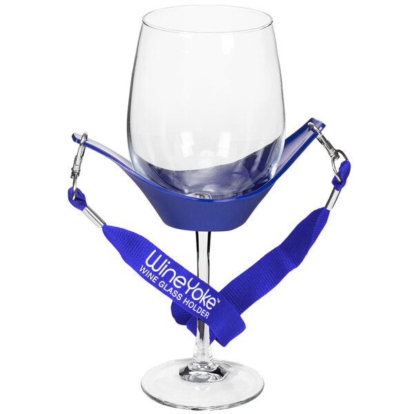 A Franmara blue rubber strap attached to a wine glass.