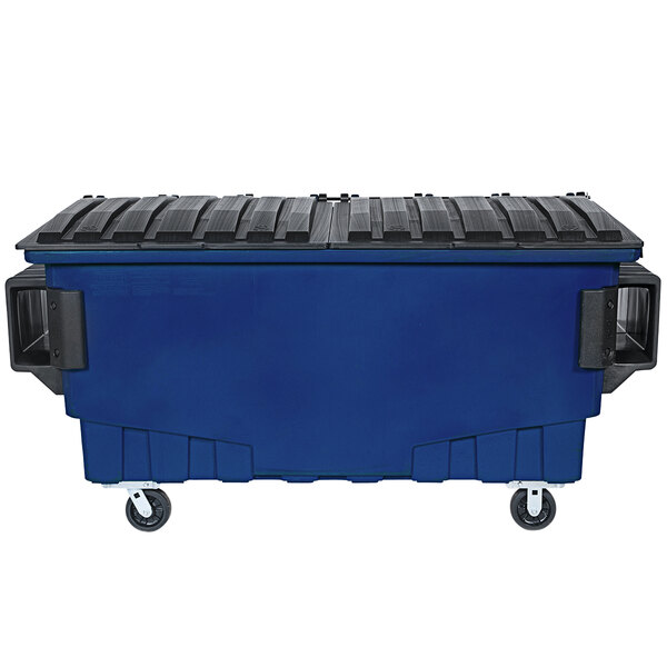 A blue and black Toter dumpster with wheels.