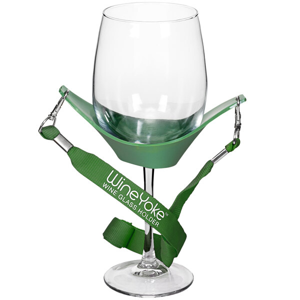 A Franmara wine glass with a green rubber lanyard strap attached.