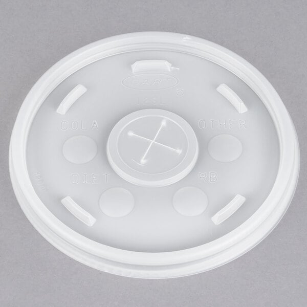 A white plastic lid with a circular hole and a cross.