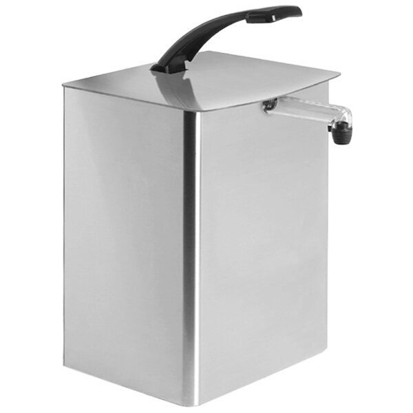 A silver rectangular Nemco stainless steel countertop pump dispenser with a black handle.