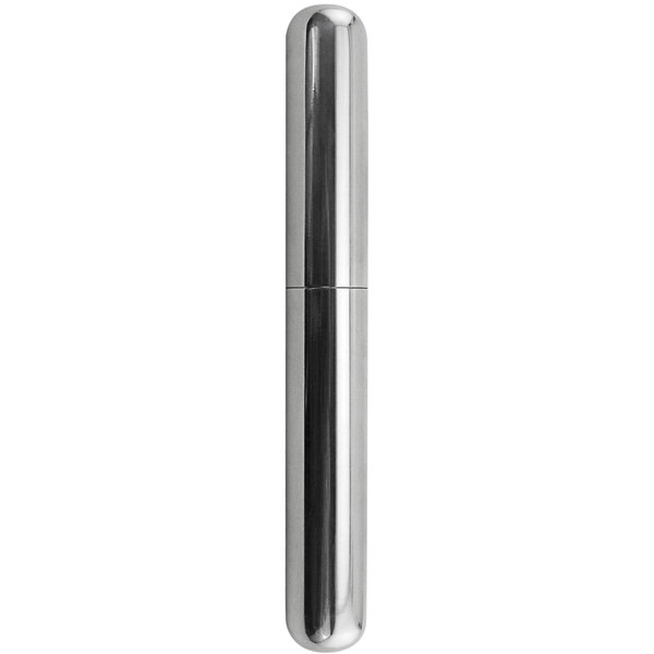A stainless steel cigar holding tube with a lid.