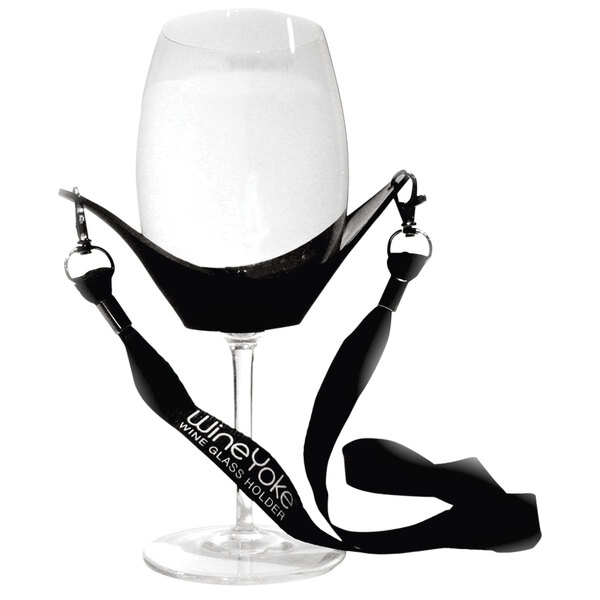 A Franmara black rubber wine glass holder with a strap attached to it.