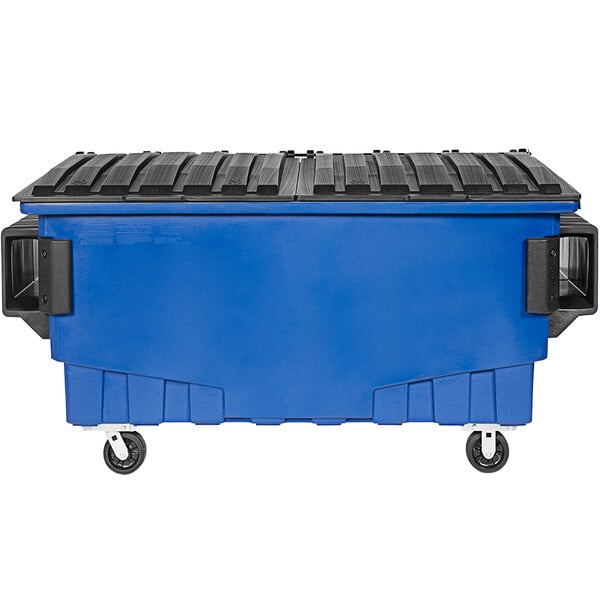 A blue and black Toter dumpster with wheels.