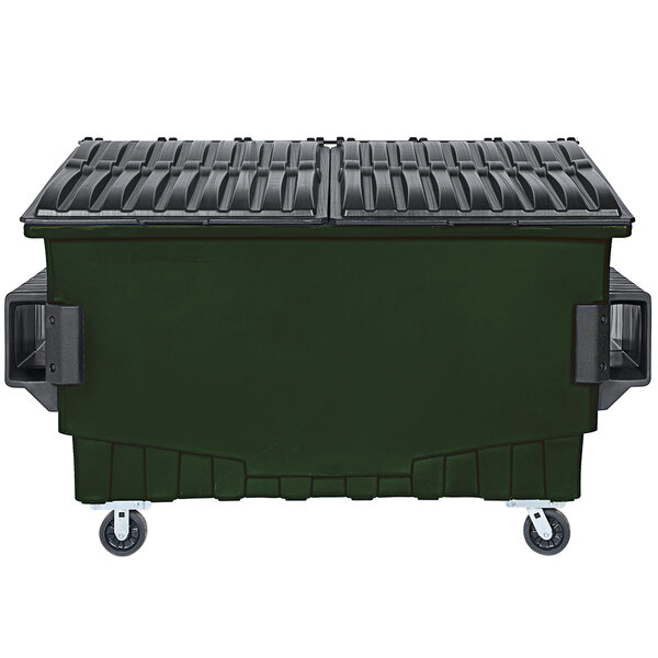 A forest green Toter front end loading mobile dumpster with wheels.
