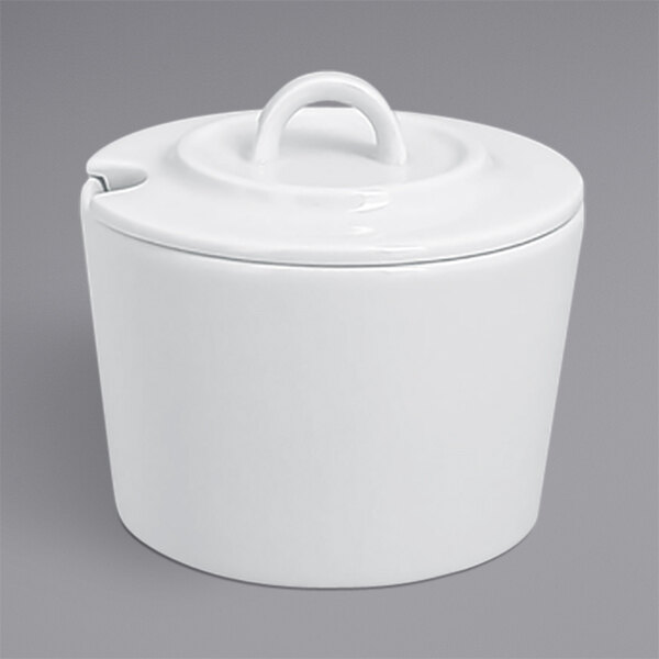 A white ceramic RAK Porcelain sugar bowl with a lid.