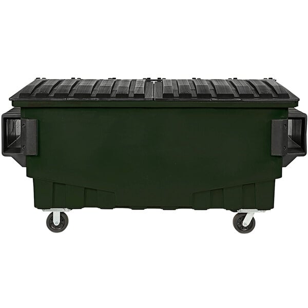 A forest green Toter front end loading dumpster with wheels.
