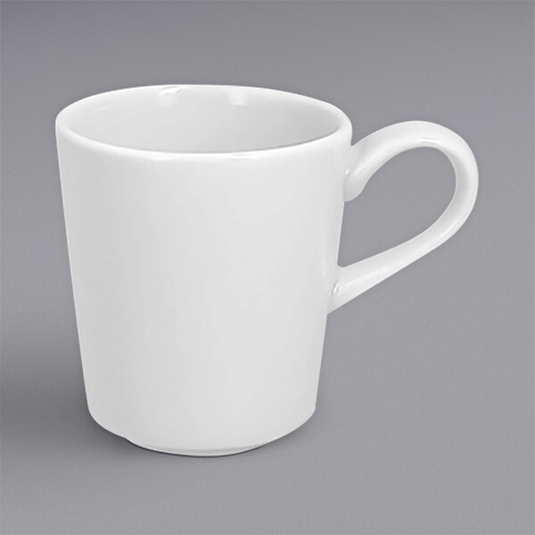 A white RAK Porcelain espresso cup with a handle.