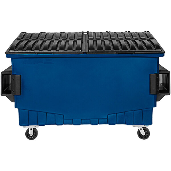 A blue Toter dumpster with black lid and wheels.