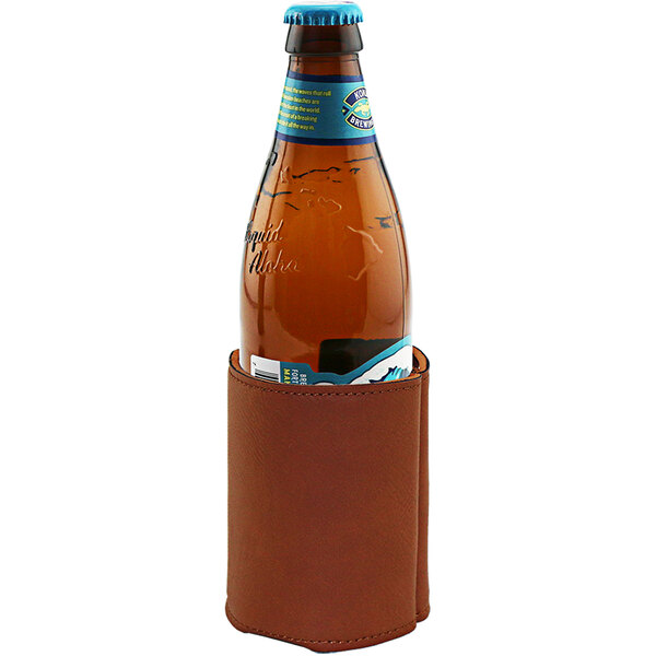 A brown Franmara leatherette beverage cozie holding a bottle of liquid.