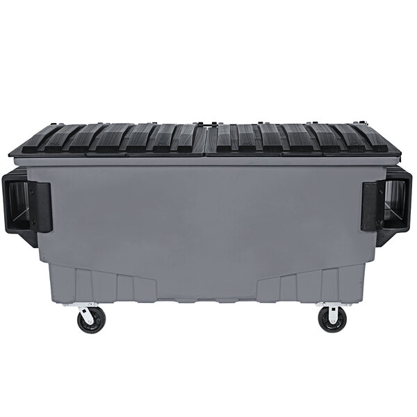 A dark grey Toter dumpster with black lid and wheels.