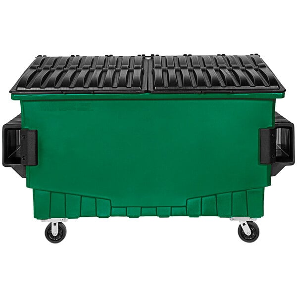 A green Toter dumpster with black lid and wheels.