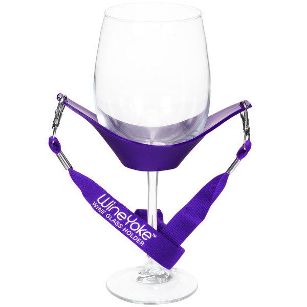 A Franmara wine glass with a purple strap around it.