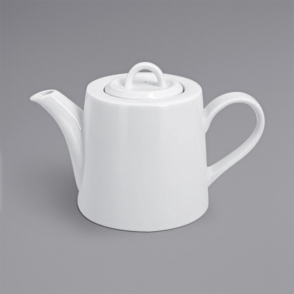 A white RAK Porcelain teapot with a lid.