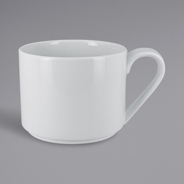A white RAK Porcelain breakfast cup with a white handle.
