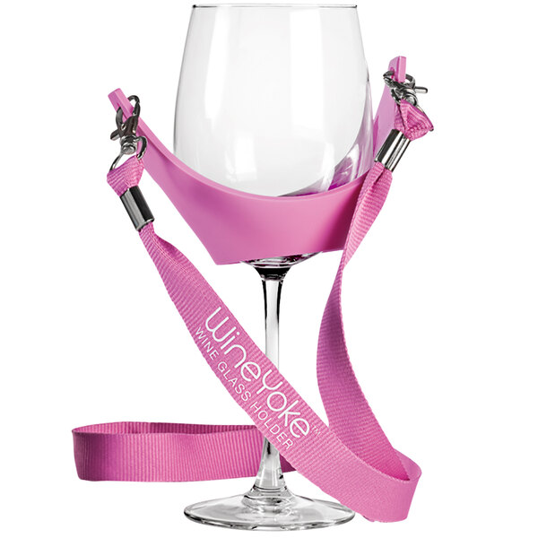A Franmara pink rubber wine glass holder with a pink strap.