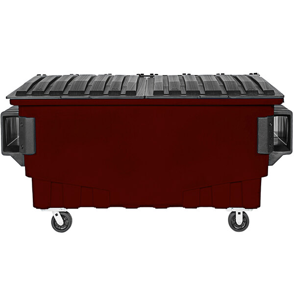 A red Toter dumpster with black lids.