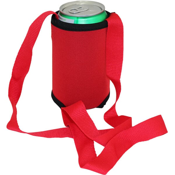 A red Franmara beverage cozie with a strap attached to it.