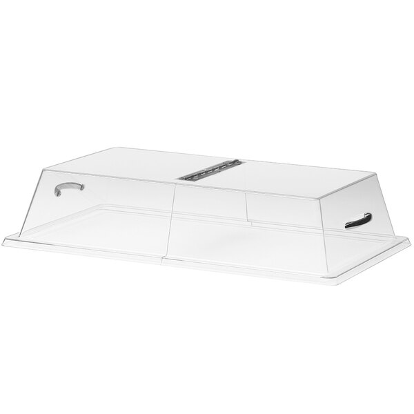 A clear plastic rectangular tray cover with a metal strip in the middle.