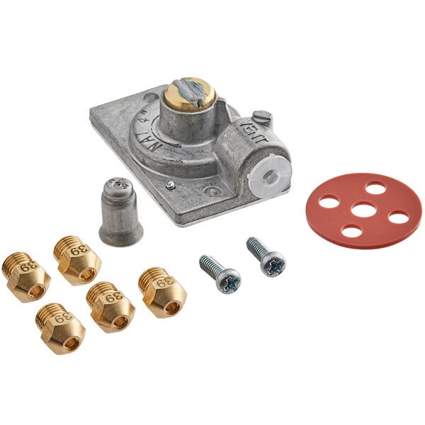 A metal valve and brass nuts and bolts for converting a floor fryer to natural gas.