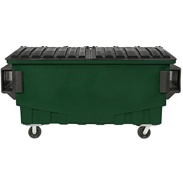A green Toter front end loading dumpster with wheels.